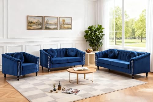 Image of Sofa and Loveseat Set, Microfiber Living Room Set with Wood Legs, 3 Piece Living Room Furniture, Modern 3-Seater Sofa + 2-Seater Loveseat + Accent Chair Sets, for Home Office, Blue