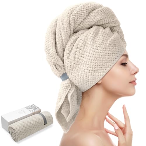 Image of YFONG Large Hair Towel Wrap for Women, Super Absorbent Microfiber Hair Towel for Curly Hair, Fast Drying Hair Turbans with Elastic,Hair Drying Towel Wrap for Hair Care 26.3 inch X 40 inch (Camel)