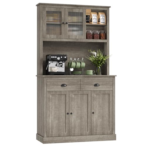 GarveeHome Pantry Cabinet with Drawers and Adjustable Shelves, 71”Tall Freestanding Kitchen Cabinet with Microwave Stand, Kitchen Hutch for Dining Room, Rustic Grey