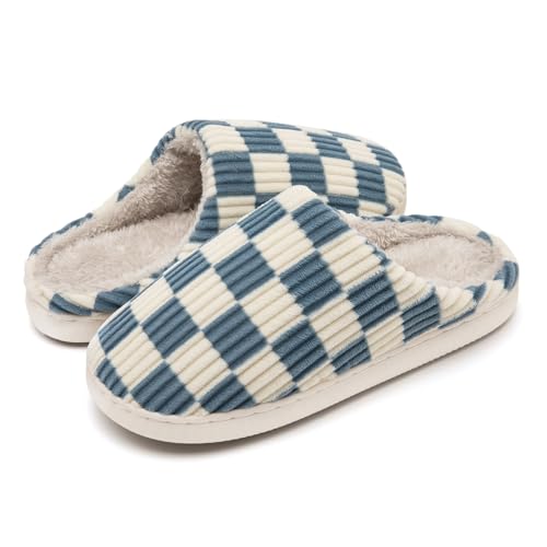 Image of Guyarns Slippers Women Men,Fuzzy Ladies Memory Foam Checkered Slippers Slip on Anti-Skid Sole Bedroom Cloud House Slippers Indoor Outdoor(Blue,5.5/6.5 UK)