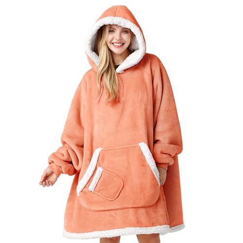 Image of Giggling Getup Wearable Blanket Hoodie for Women Men Gifts for Women Mom Wife Sherpa Fleece Hooded Blanket Sweatshirt Cozy Sherpa Wearable Throw with Pocket & Sleeves for Adult Standard Coral Orange