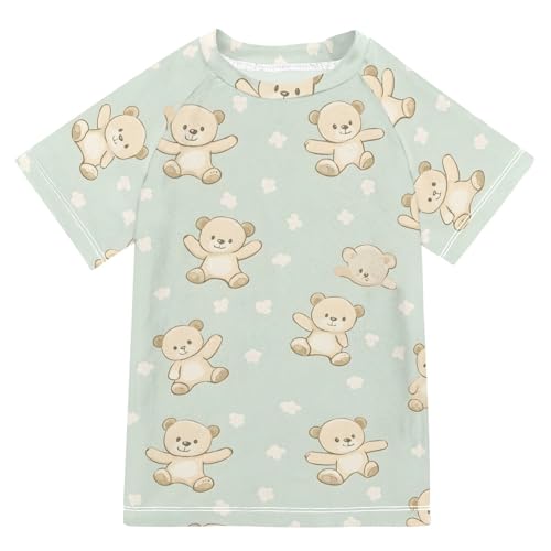 ALAZA Boys Swim Shirts Toddler Rash Guard Short Sleeve Rashguard Bear Light Green UPF 50+ 11-12T