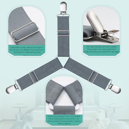 Image of Bed Sheet Straps, Easy to Install Sheet Straps, Fitted Sheet Clips, Adjustable Sheet Fasteners, Say Goodbye to The Messy Sheets (Gray-4 Pcs)