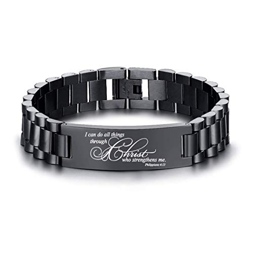 Philippians 4:13 Engraving Religous Quote Faith Christian Bible Verse Prayer Adjustable Stainless Steel Inspirational Encouragement ID Bracelets for Men Boys