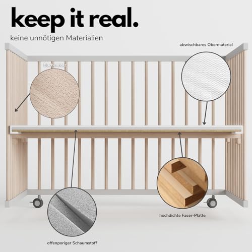 Sämann® Laufgitter 100x100 cm mit Matratze und Schlupfsprossen, stufenlos höhenverstellbar, Baby Laufstall, Buche, gummierte Rollen, Buche weiß/natur lackiert
