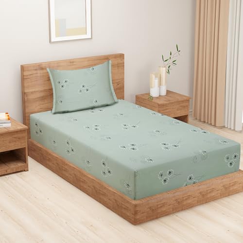 Image of Swayam Mercerized Pure Cotton Single Bedsheet with 1 Pillow Cover | Size 60 x 90 inch | 250 TC | Floral Design | Soft Breathable Bed Sheet | Comfortable & Durable for Bedroom - Green