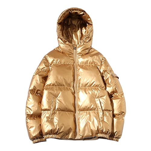 Men's Solid Color Metallic Jackets with Hood Full Zip Down Alternative Padded Coat Winter Quilted Puffer Jacket