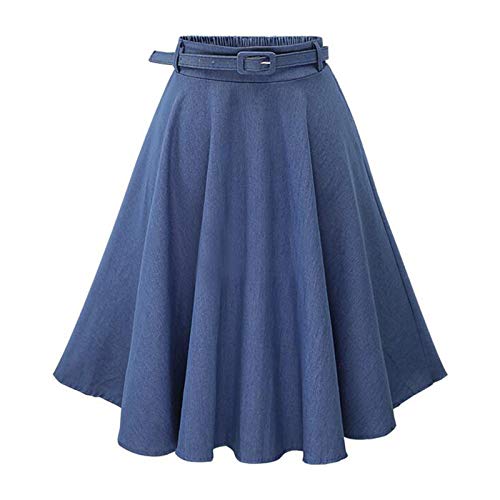 WSLCN Saia Midi Jeans Feminina Evasê Casual Elegante Vintage Chique Cintura Alta Saia Plissada Longa
