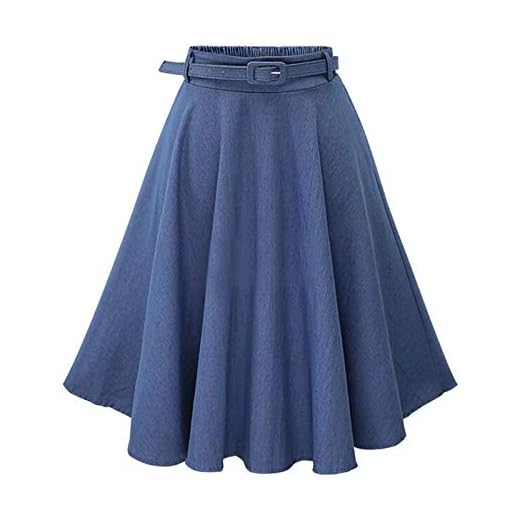 WSLCN Saia Midi Jeans Feminina Evasê Casual Elegante Vintage Chique Cintura Alta Saia Plissada Longa Azul (com cinto)
