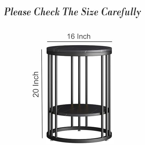 Image of 2 Tier Round Coffee Table with Black MDF Wood Top | Storage Shelf | Black Metal Frame | Centre Side End Bedside Table for Living Room Bedroom Balcony Office Home Decor Furniture
