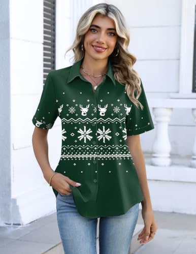 Image of Christmas Outfits for Women Button Down Shirts Short Sleeve Tops Cute Shirt