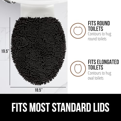 Image of Gorilla Grip Original Shag Chenille Bathroom Toilet Lid Cover, 19.5 x 18.5 Inches Large Size, Machine Washable, Ultra Soft Plush Fabric Covers, Fits Most Size Toilet Lids for Bathroom, Black