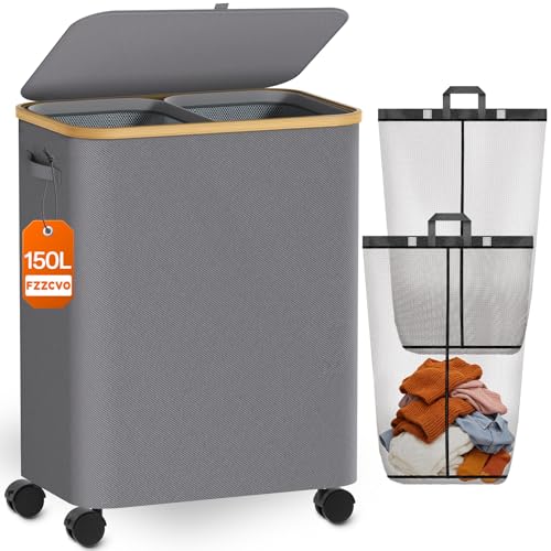 Image of Double Laundry Basket with Wheels and Lid, 150L Clothes Hampers for Laundry
