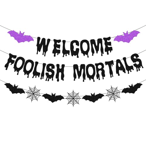 Welcome Foolish Mortals Halloween Banner Set Pre-Assembled Halloween Party Decor Haunted Banner with Bat Spider - Haunted House & Trick-or-Treat Wall Hanging Decorations