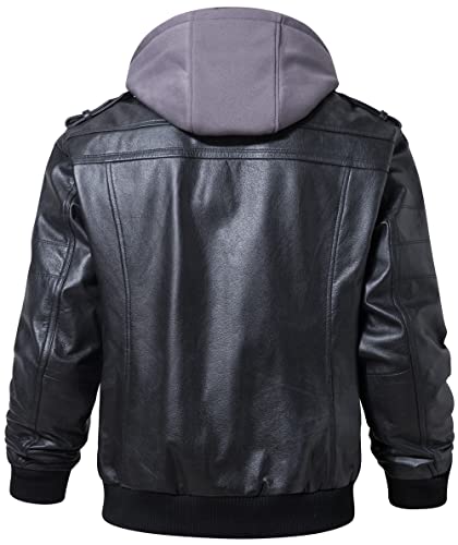 Image of FLAVOR Men Brown Leather Motorcycle Jacket with Removable Hood | Genuine Leather, Removable Hood, Windproof, Multi Pockets, Fall Winter Coats, Riding and Daily Wear, Moto Biker Jacket Men