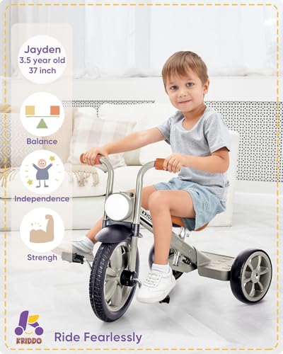 Image of KRIDDO Kids Tricycles Age 2 Years to 5 Years, 12 Inch Puncture Free Rubber Wheel w Front Light, Kids Trike for 2.5 to 5 Year Old, Gift Toddler Tricycles for 2-5 Year Olds, Trikes for Toddlers, Grey