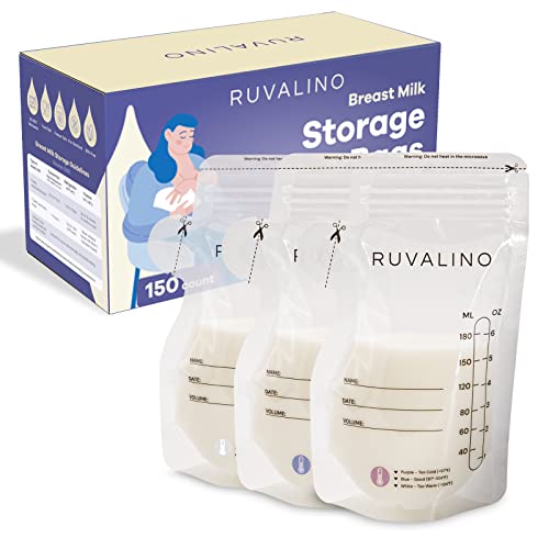 Image of Breastmilk Storage Bag, RUVALINO Breastfeeding Essentials Breast Milk Storage Bags for Freezer, 150 Count, Temp-Sense Spot, Easy Pour Spout, Hygienically Double-Sealed, Self Standing&Lay Flat, 6 Oz