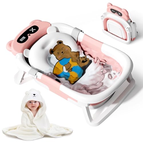 Image of Kerbwry Collapsible Baby Bathtub for Newborn to Toddler (0-18 Months) - Foldable Baby Bath Tub with Soft Towel, Newborn& Infant Bathtub for Travel and Outdoor, Pink