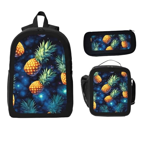 Galaxy Fruit Pineapple 3 Pcs 17 Inches Backpack Set with Insulated Lunch Bag And Pencil Pouch Large Back Pack for Men Women Lunchbox Pencil Case Waterproof Backpacks Lunch Box 3 Piece Daypacks2