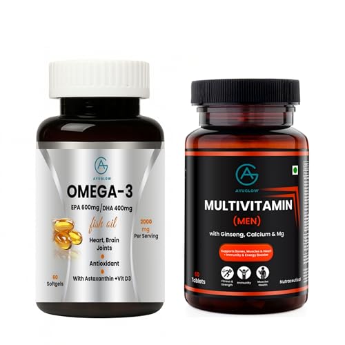 Image of Omega 3 Fish Oil 2000mg + Multivitamin Combo| Triple Strength Softgels with EPA & DHA + Astaxanthin & Vitamin D3 | Heart, Brain, Eye & Joint Health | Burpless | 60 Softgel each