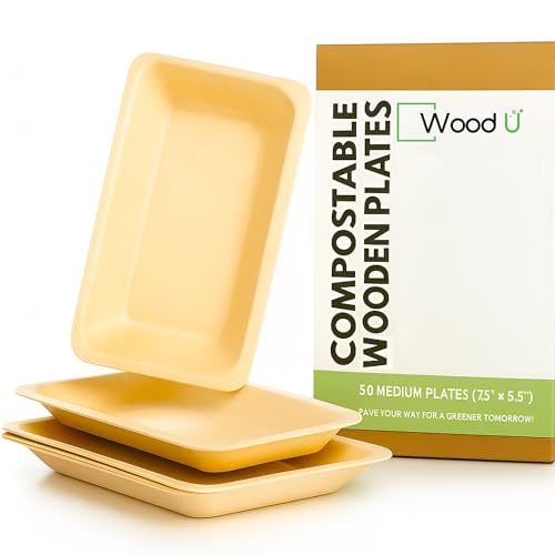 WoodU Wooden Disposable Craft Plates-100 Natural, Bamboo, Square Plates, Heavy Duty, Compostable &Biodegradable, Eco Friendly Party Plates (5.5