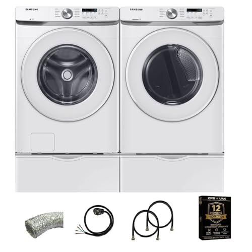Samsung White Front Load Laundry Pair 4.5 Cu Ft Washer 7.4 Cu Ft Electric Dryer with Pedestals Dryer Vent Power Cord Water Hoses and 1 Year CPS Warranty Large Capacity Home Set