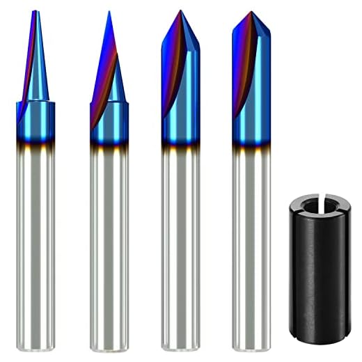 Engraving CNC Wood Carving Router Bit Set 1/4 Inch Shank 15, 20, 60, 90 degree Engraving Bits, 2 Flutes Straight CNC V-bit Tungsten Steel Marking Conical Engraving Router Tool-(4 Pack)