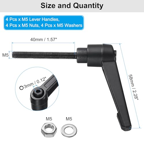 Image of uxcell 4pcs Lever Adjustable Handles M5 x 40mm Metric Male Thread with Nuts Washers, Level Clamping Handle Set Hand Stud Knobs Rotating Screw Handles Bolts with Locking Lever, Black