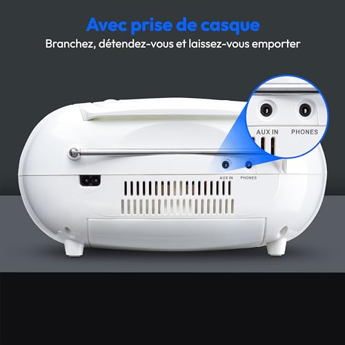 MEDION E66476 Stereo Sound System (Boombox, Lecteur CD, MP3, Cassette, Lecteur de Cassette Portable pour Enfants, Radio FM, AUX, écouteurs, Secteur & Batterie) Blanc
