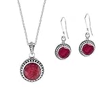 Sivalya AMALFI Raw Ruby Necklace and Earring Set in Solid Silver - Jewelry Set for Women in 925 Sterling Silver - Natural Teardrop Ruby Stones Ruby Gemstone Jewelry- Gift Packaging Included