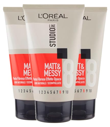 L'Oréal Paris Studio Line Pâte Fibreuse Matt&Messy Effet Mat Look Sauvage Tenue 8 Ultra Forte - 3 Flacons de 150ml