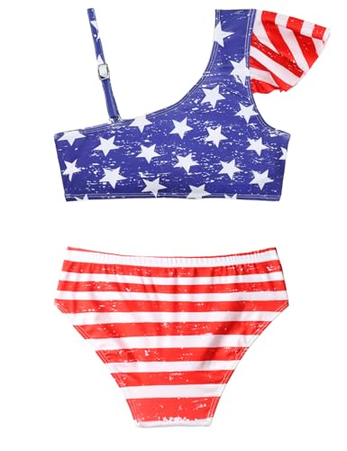 Bathing Suits for Girls Size 8-9 Years Old Blue White Stars Ruffle Bikini Swimsuit Set with Bottom2