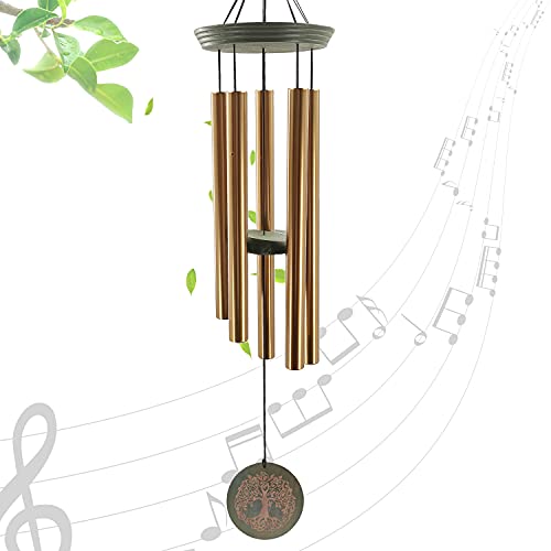 Memorial Wind Chimes for Outdoor, 36” Sympathy Chime with 5 Gold Color Tubes, Gift for Loss of Loved one, Also a Great Decor for Garden with Engraved Tree of Life