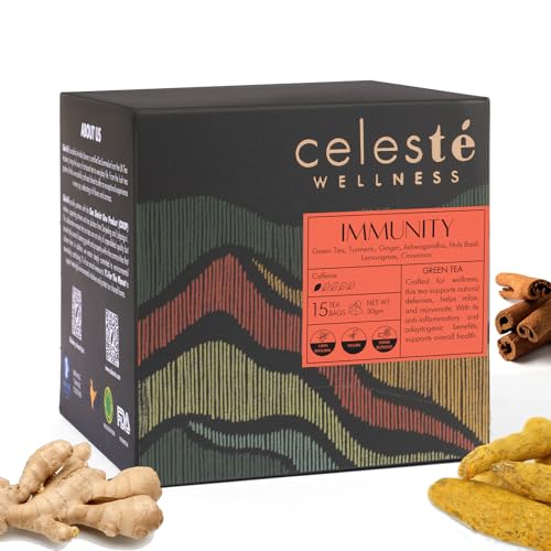 Image of Celeste Immunity, Turmeric Ginger Tea - With Ashwagandha, Holy Basil, Lemongrass & Cinnamon | 15 Pyramid Green Tea Bags | 100% Natural Ingredients