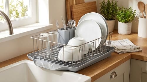 Image of Farberware Classic 3-Piece Dish Drying Rack Set, Gray - Rust-Resistant Dish Rack for Kitchen Counter with Self-Draining Board and Flatware Caddy
