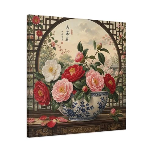 Tableau de camélia floral sur toile traditionnelle carrée de 80x80 cm pour salon