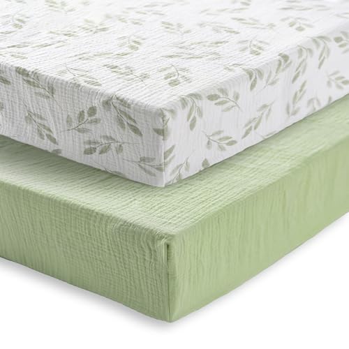 Image of TADO MUSLIN Baby Crib Sheets 2 PCS, 100% Organic Cotton Crib Sheet for Standard Crib Mattress(52 inchx 28 inch), Fitted and Soft Breathable Muslin Crib Mattress Sheet for Girl and Boy (Leaves, Green)