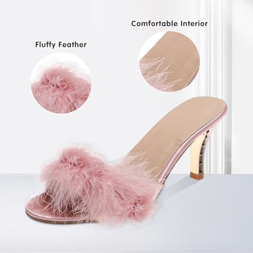 YIBLBOX Women's Round Toe Sandal Fluffy Feather Sexy Slippers Kitten Heeled Slippers2