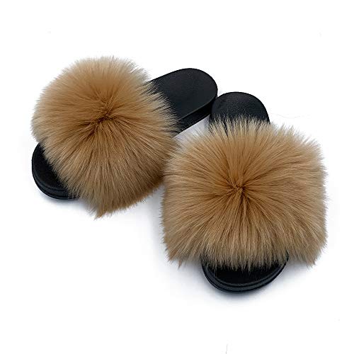 Image of Women's Faux Fur Slides Slippers Fluffy Fuzzy Sandals Open Toe Furry Slide Flip Flop Indoor Outdoor