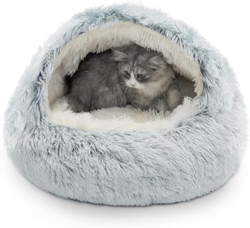 Cat Bed, Plush Hooded Cat Beds for Indoor Cats, Calming Cat Nest, Self Warming Cat Bed Cave, Cozy Cat Pod for Indoor Cat or Small Dog, Washable Cat Cove with Non-Slip Bottom(Gray, 19.7inch)
