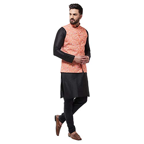 Image of SOJANYA (Since 1958 Men's Silk Blend Black Kurta Pyjama & Printed Nehrujacket Combo