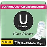 U by Kotex Clean & Secure Ultra Thin Pads with Wings, Regular Absorbency, 216 Count (6 Packs of 36) (Packaging May Vary)