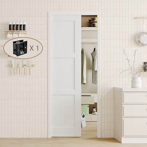 Image of Sliding Pocket Door, 30 in. x 80 in, 3-Panel Core with Frame and Hardware Kit Set, Interior Doors Slab for Pocket Door, White Primed - No Panel Assembly Required