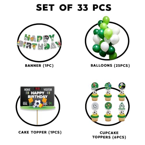 Image of Festiko Set of 33 Pcs Football Theme Happy Birthday Combo (Banner, Balloons, Cake & Cupcake Toppers), Football Theme Decorations, Birthday Decoration Items