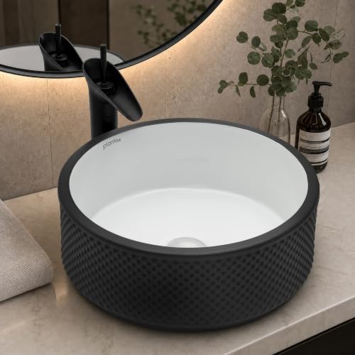 Image of Plantex Round Ceramic Table Top Wash Basin /Designer Counertop Washbasin /Vessel Sink for Bathroom /Home /Restaurant (White & Black-17 x 17 x 6 Inch)