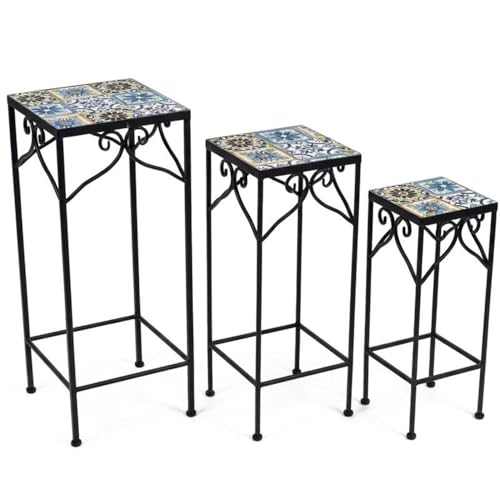 Set mit 3 Sockeln aus Metall und Stein in Schwarz, Blau und Gelb, 70 x 28 x 28 cm
