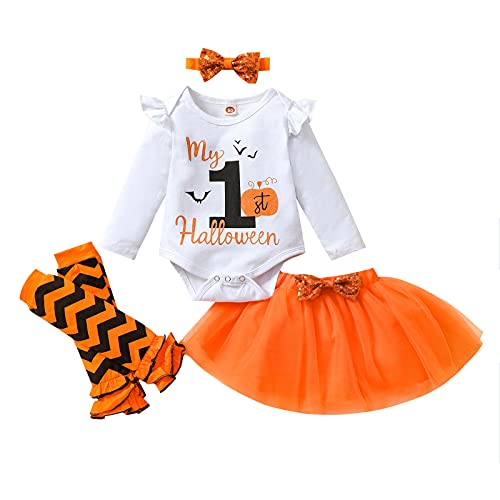 kacubwyy 4Pcs Toddler Baby Girls Outfits My 1st Halloween Long Sleeves Romper+Tutu Skirt+Leg Warmer+Bowknot Headband (Orange, 12-18 Months)