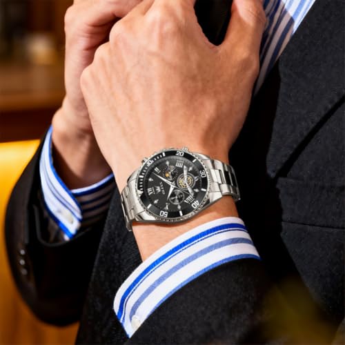 Image of OLEVS Mens Watches Chronograph Luxury Dress Moon Phase Two Tone Stainless Steel Waterproof Luminous Business Calendar Wrist Watch