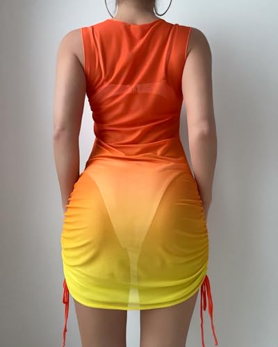 Image of ZAFUL Women Swimsuit Cover Up Dress Ombre Side Ties Sleeveless Sheer Mesh Bathing Suit Coverups Beach Dress