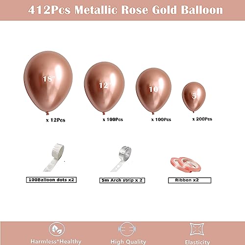 Image of 412pcs Metallic Rose Gold Balloon Garland Arch Kit 18 12 10 5 Inch Different Sizes Latex Chrome Balloons for Baby Shower Birthday Graduation Wedding Anniversary Party Decoration
